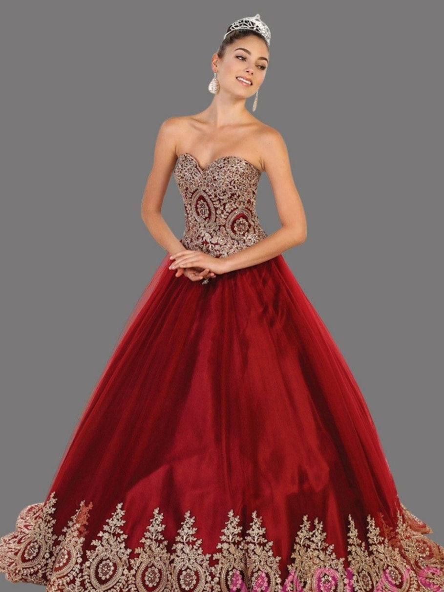 Strapless Burgundy Ball Gown With Gold Embroidered Bodice